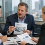 Team of professionals examining charts and market data in the office.