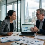 Digital services investment review with charts and documents.